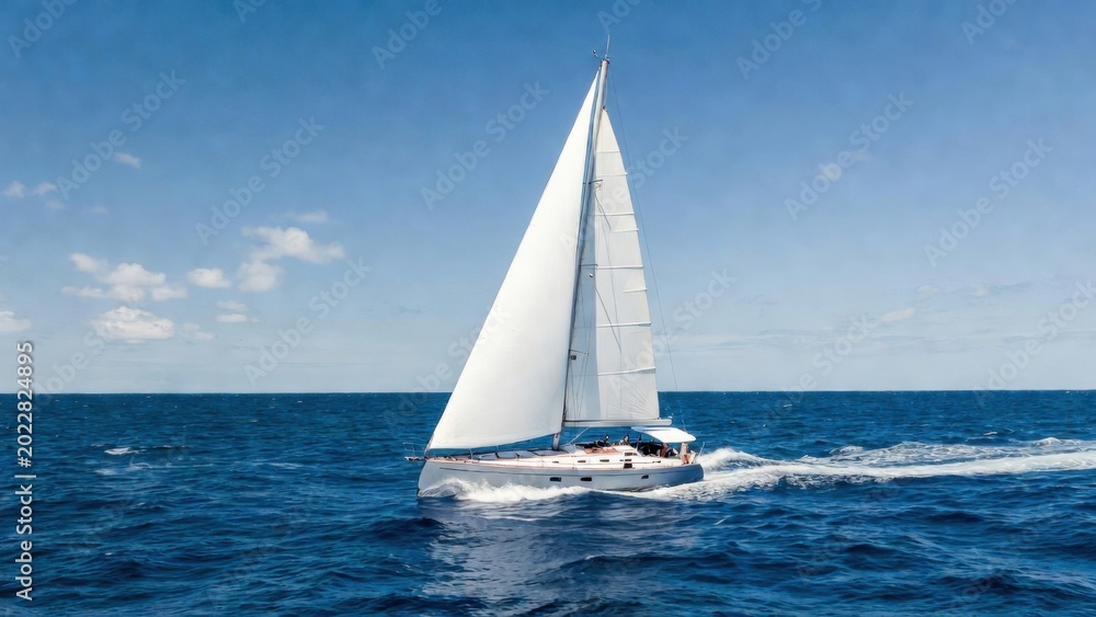 Fototapeta premium Sailboat moving through choppy sea under partly cloudy sky