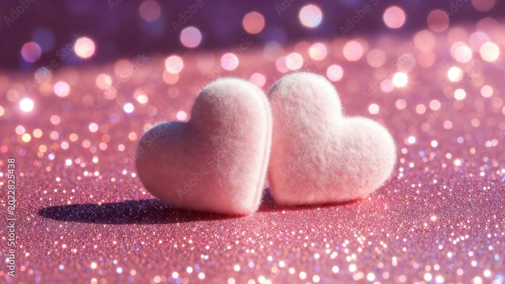 Obraz premium Pair of felt hearts resting on glittery pink surface