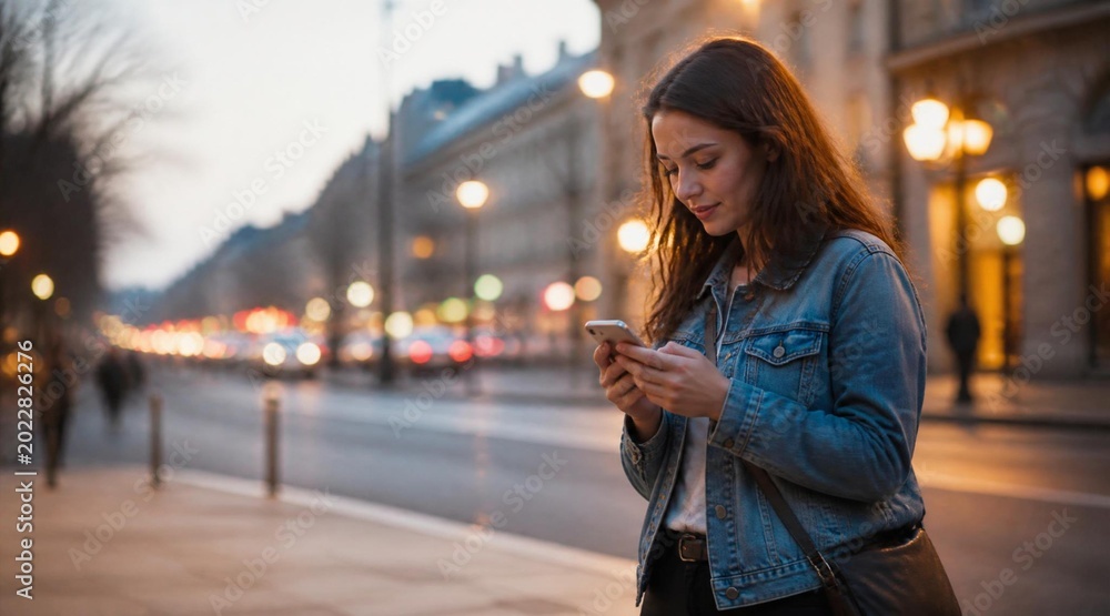 Obraz premium AI-generated young woman in denim jacket using smartphone on evening city street with bokeh night lights and heavy traffic