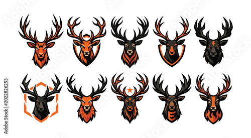Ten distinct deer head illustrations with orange and brown colors showcasing detailed antlers and expressive faces illustration wildlife portrait majestic powerful creature wilderness