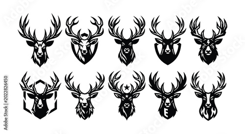 Set of ten black and white deer head designs intricate linework and stylized geometric patterns collection linework geometric stylized silhouette artistic creature wildlife
