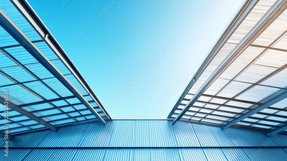 Obraz premium Low-angle Expansive blue sky framed by modern industrial roofs with clear polycarbonate panels, showcasing structural design and natural light. , architecture, daylight