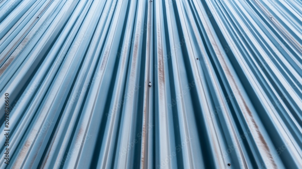 Obraz premium Low-angle perspective of blue corrugated metal wall, featuring vertical leading lines, industrial texture and subtle weathered patterns. Architectural, Modern