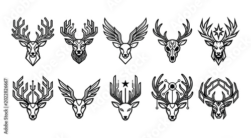 Compilation of ten unique deer head logos and emblems incorporating geometric shapes and angular designs geometric collection stylized creature wildlife identity