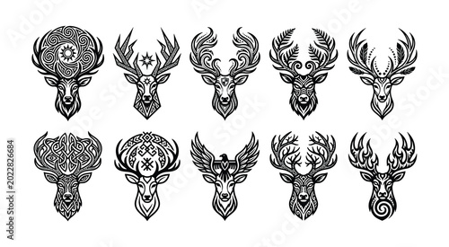 Collection of ten ornate deer head silhouettes with intricate patterns silhouette abstract illustration decorative creative stylized monochrome collection