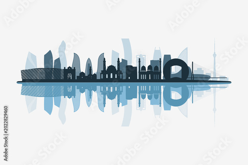 Cuadro en lienzo Baku, Azerbaijan skyline silhouette with modern landmarks reflection on white background in minimalist style