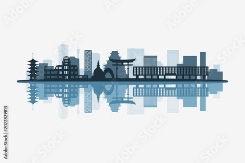 Foto Hiroshima, Japan skyline silhouette with modern landmarks reflection on white background in minimalist style