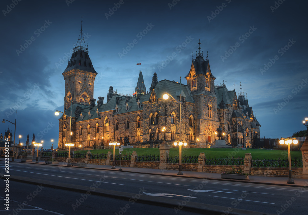 Fototapeta premium East Block of the Canadian Parliament Illuminated at night on Parliament Hill - Ottawa, Ontario, Canada