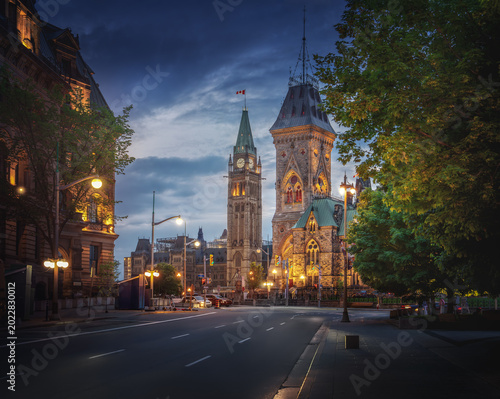 Canadian Parliament at night with East Block and Peace Tower - Ottawa, Ontario, Canada