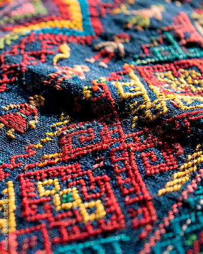 Close-up of colorful Guatemalan indigenous fabric, ethnic Mayan embroidery detail.