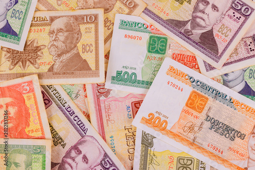 Konstfotografi Collection of Cuban convertible peso CUC currency bills in different denominatio