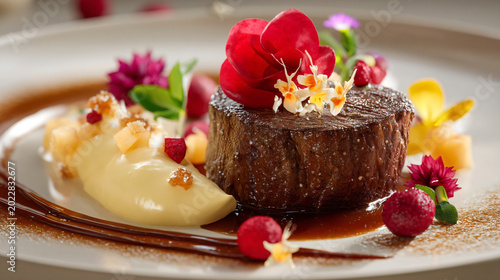 Gourmet Steak with Edible Flowers: A perfectly seared steak, garnished with vibrant edible flowers and a side of creamy puree, presented on a white plate.