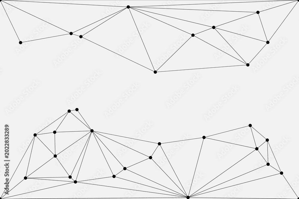 Obraz premium Symmetric polygonal wireframe design featuring black dots and thin lines on light gray background for modern tech layout.