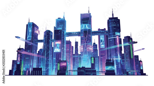 Futuristic city skyline featuring glowing neon skyscrapers and flying vehicles in this vibrant digital art photograph