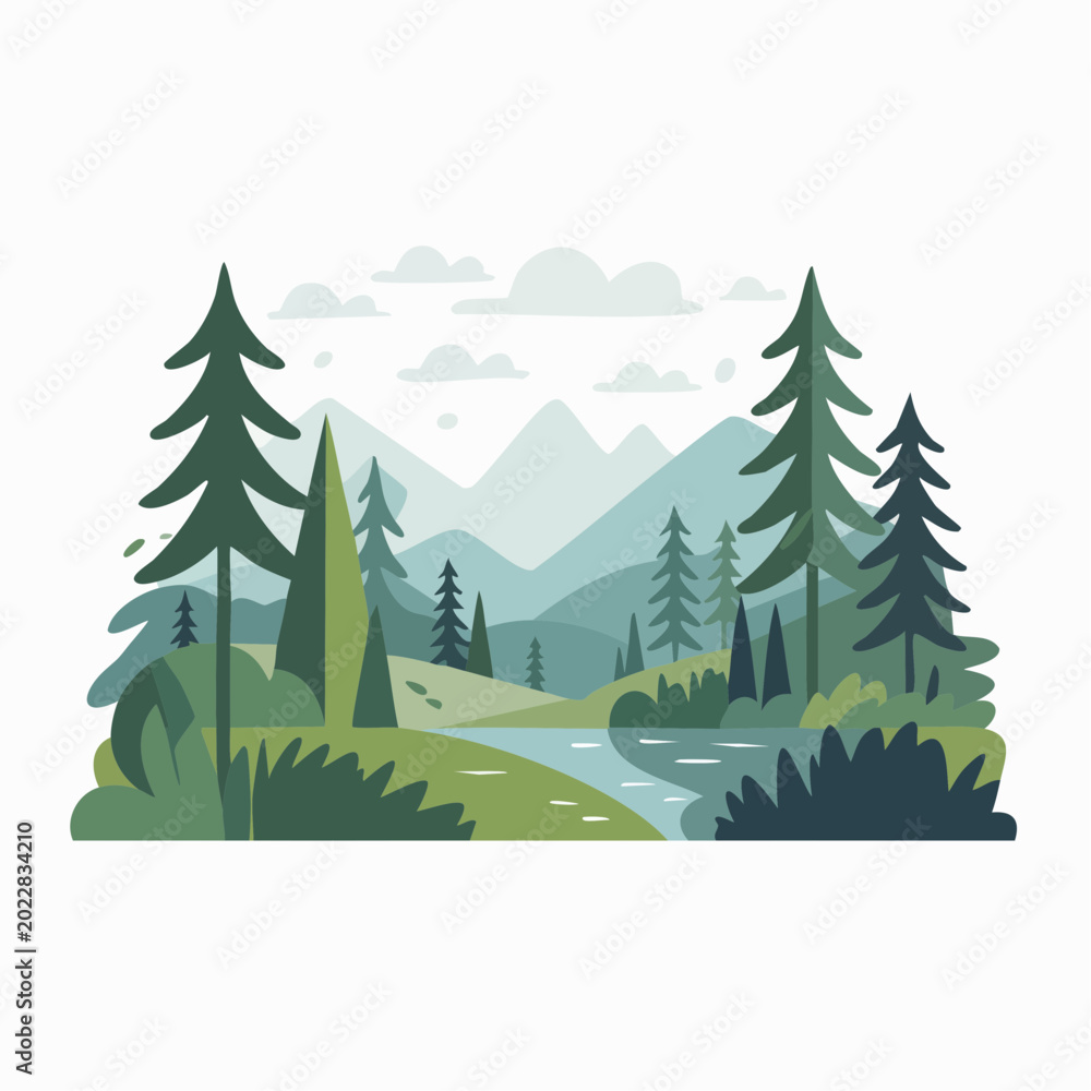 Fototapeta premium serene mountain landscape with pine trees and river