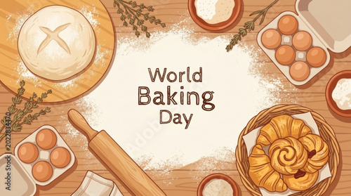 Top-down view of a rustic baking workspace with dough, rolling pin, eggs, flour, and fresh croissants on a wooden table, celebrating World Baking Day.