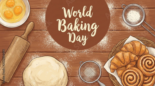Top-down view of a cozy baking workspace with dough, rolling pin, eggs, flour, sieve, and fresh pastries on a wooden table, celebrating World Baking Day.