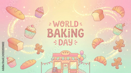 Whimsical illustration celebrating World Baking Day with flying bread, cupcakes, croissants, and gingerbread men around a charming bakery shop.