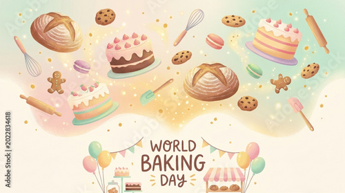 Joyful illustration for World Baking Day featuring a variety of flying baked goods and tools above a charming bakery stall with colorful balloons.
