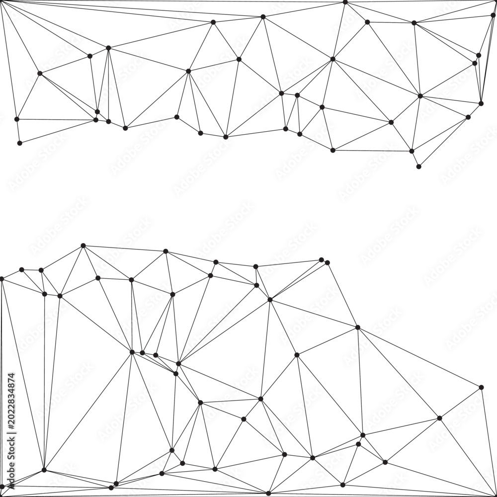 Obraz premium Full frame complex mesh of black lines and dots forming mirrored geometric landscapes.