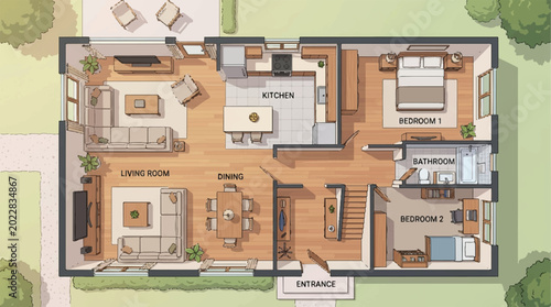 Top view colored floor plan of modern three bedroom house interior layout.