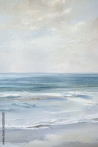 Abstract seascape oil painting capturing calm ocean waves washing onto a sandy beach under a soft sky