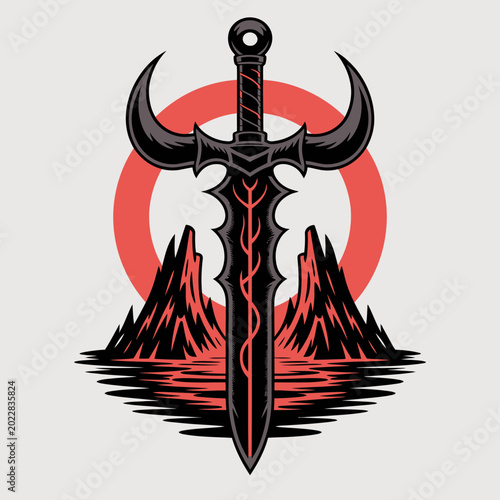 Foto Dark fantasy sword with red details.