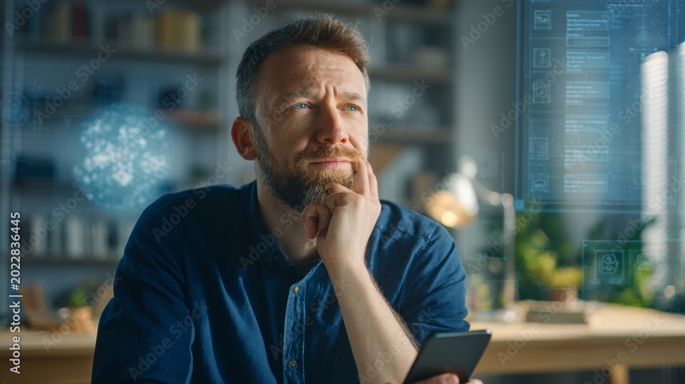 Naklejka premium A Caucasian man sits at a table in a bright room
