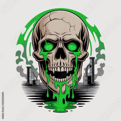 Bild auf Leinwand Green glowing skull with industrial background.
