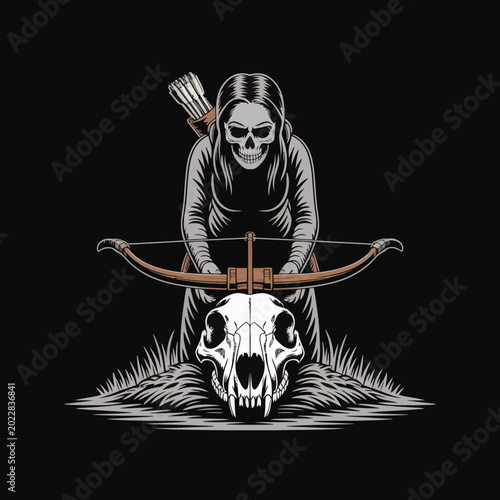Fotografia Woman with skull and bow weapon.