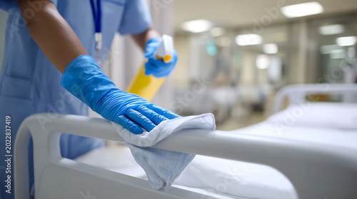 Medical professional in blue uniform and protective gloves carefully cleans a white hospital bed rail with spray and cloth, focusing on hygiene in a healthcare facility