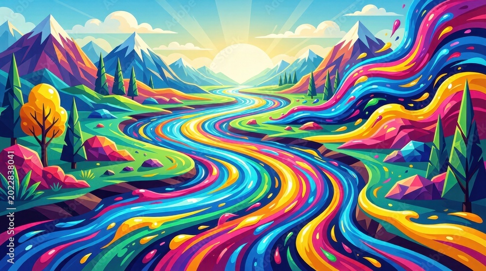Fototapeta premium Colorful river flowing through vibrant stylized mountain landscape