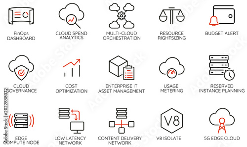 Foto Vector Set of Linear Icons Related to Cloud Computing, Edge Technology, Cloud Spend Analytics, Resource Rightsizing