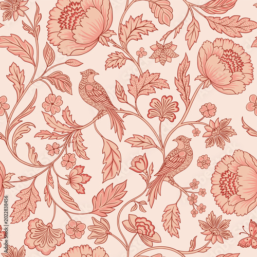 Chintz Revival Botanical Blooming Flowers and Songbirds Vintage Vector Seamless Pattern in Pastel Pink Peach Timeless Decorative Floral Print for Wallpaper, Fabric Textile or Home Design