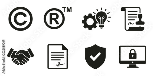 Intellectual Property Icons Set: Copyright, Trademark, Idea, Patent, Agreement, Security, Data Protection, Partnership