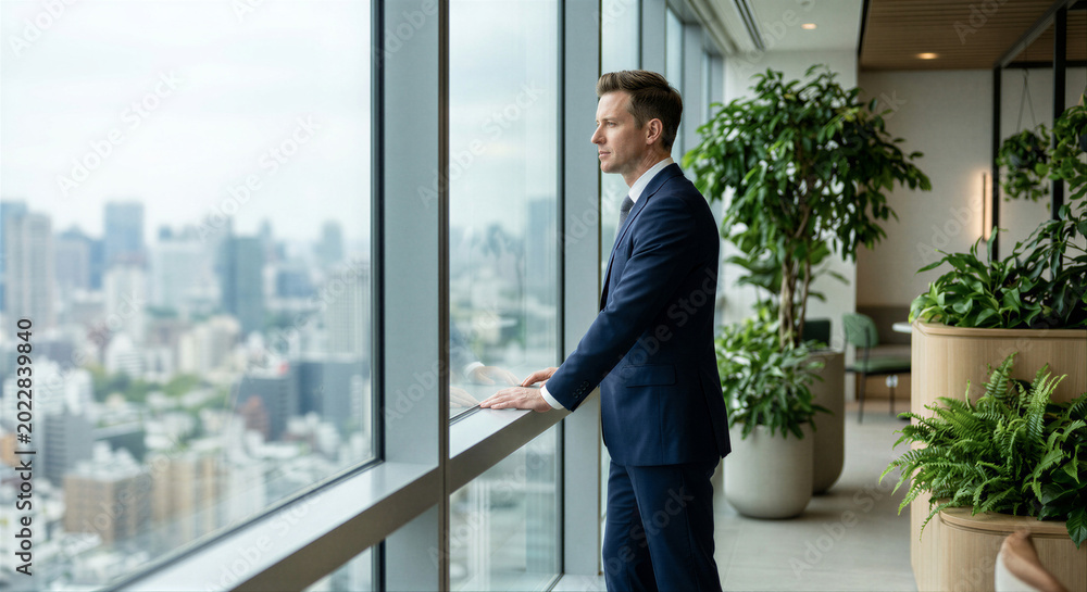 Fototapeta premium Business Executive Looking Through Office Window as Corporate Leadership and Success Concept 