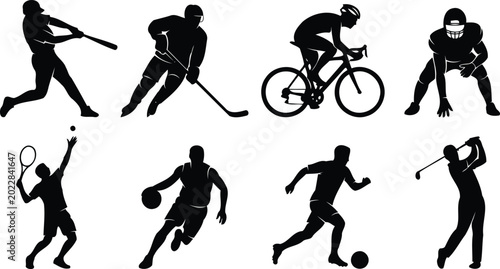 Schilderij op canvas Sports Silhouettes Set Athletes Playing Football Basketball Tennis Golf Ice Hock