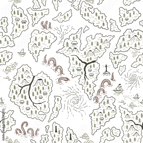 Seamless vector map pattern with islands, seas, and rivers. Adventure. Geographic wallpaper for children design.