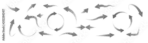 Digital arrow symbols with dotted halftone effects and geometric patterns. Contemporary graphic elements ideal for directional interface design and dynamic visual communication.