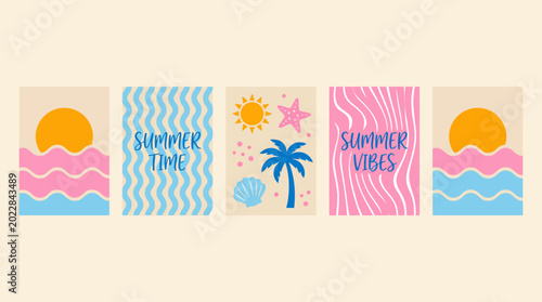 Five pastel summer posters featuring beach waves, palm trees, and warm suns for bright wall art and tropical home decor.