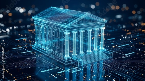 Digital Blockchain Courthouse with Futuristic Neon Grid Overlay Symbolizing Decentralized Justice and Smart Contracts in Modern Law.