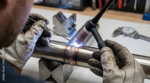 Welder wearing protective gloves carefully joining two pieces of stainless steel pipe using a tig torch and filler rod, creating a strong and precise weld bead with a bright arc and smoke
