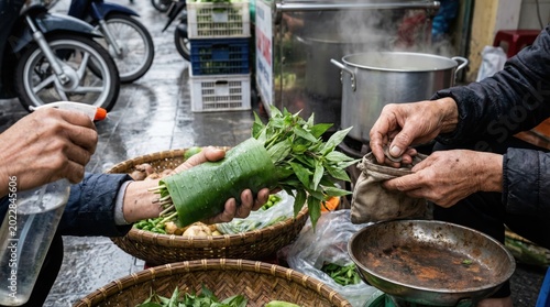 Vendor and customer exchanging fresh green herbs wrapped in a banana leaf for coins, showcasing a local street market transaction and traditional commerce in an asian setting