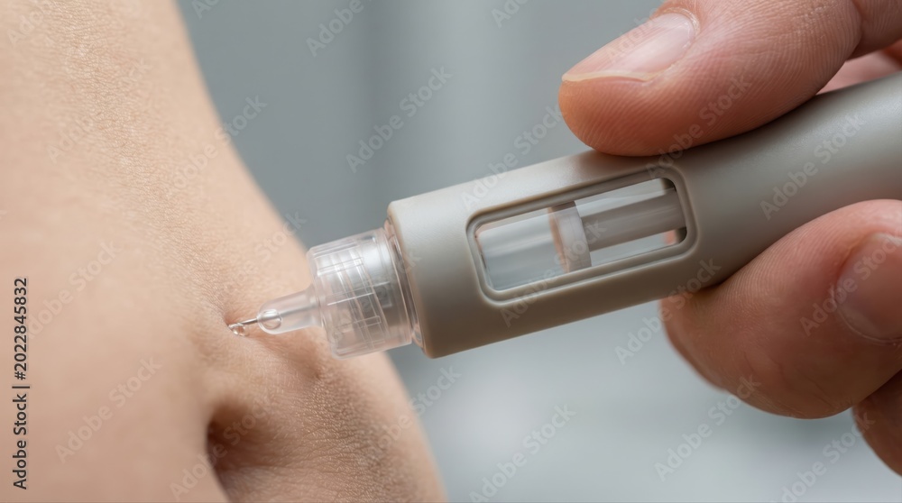 Fototapeta premium Patient receiving a subcutaneous injection of insulin with a grey medical pen, providing self care and managing diabetes with daily medication for effective treatment