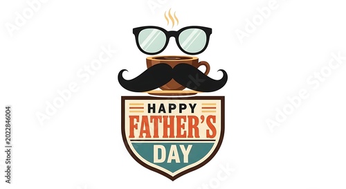fathers day emblem with mustache coffee cup sunglasses and text on white