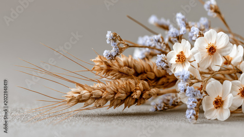 Golden wheat ears and white flowers with blue accents on neutral grey background for Shavuot greeting card
