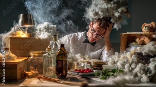 Tired researcher surrounded by smoke and vintage objects