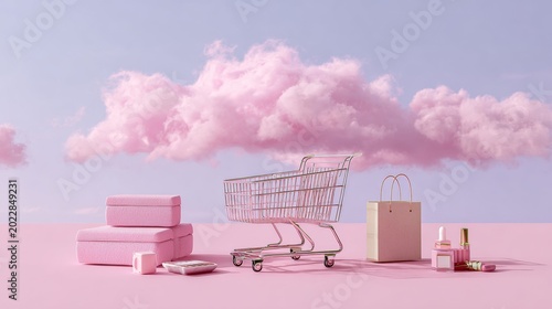 Pastel shopping cart scene with pink clouds and beauty products