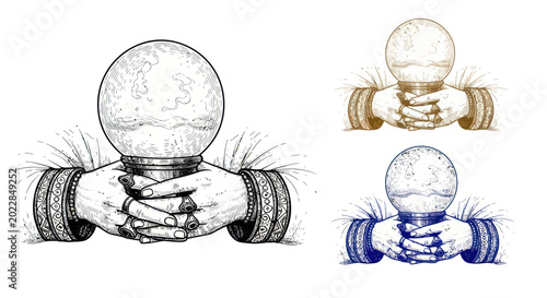 Bild auf Leinwand Mystic Crystal Ball Fortune Telling Hands Vintage Illustration