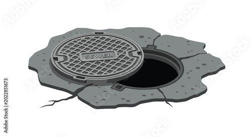 A 'SEWER' labeled metal manhole cover is dislodged on broken concrete, revealing a dark opening in the ground.